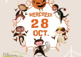 affiche enfants costumes d'halloween orange et noir illustré